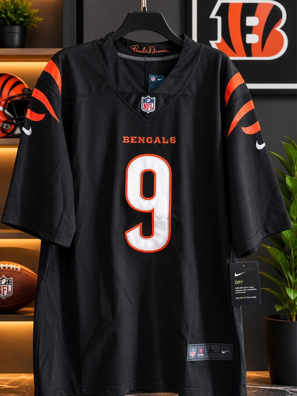 NFL Paul Brown Bengals Black and Orange #9 Jersey